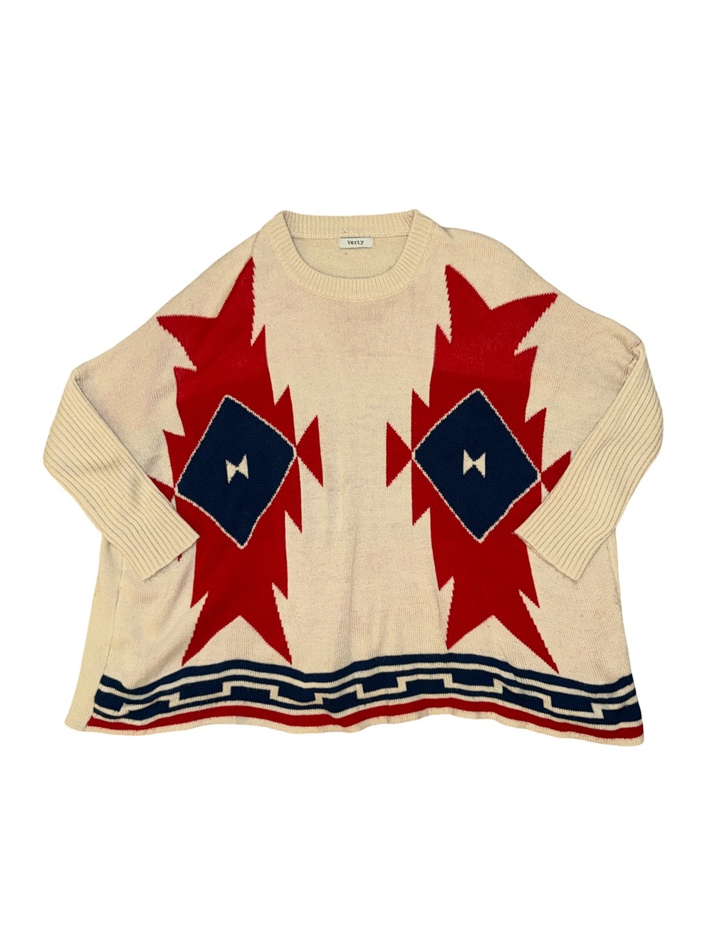 Verty Southwestern Geometric Oversized Sweater One Size Cream Red Navy